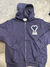 Ami Paris Navy Zip Up Hoodie With White Logo ...
