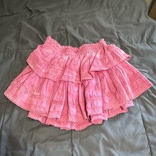 LoveShackFancy Pink Mini Skirt Layered Ruffle Cotton Lined Elastic Waist P