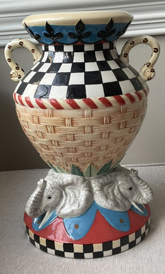 SAFARI WHIMSY Elephant  Vase Handle 10  Tall Multi Color Urn/Vase CBK 2000 VTG