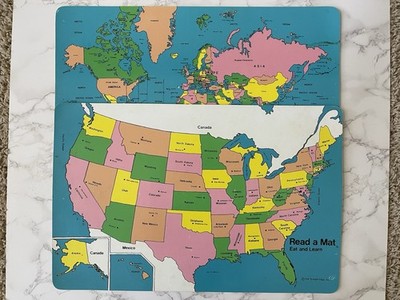 Lot of 2 VTG Read A Mat Eat & Learn Placemats US & World Map Straight Edge