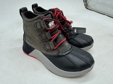 Sorel Out N About Boots Youth Kids Gray Red Waterproof Drawstring Shoe Size 1