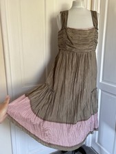 Peruvian Connection Light brown Pink Crinkle Sleeveless Silk Midi Dress UK 18