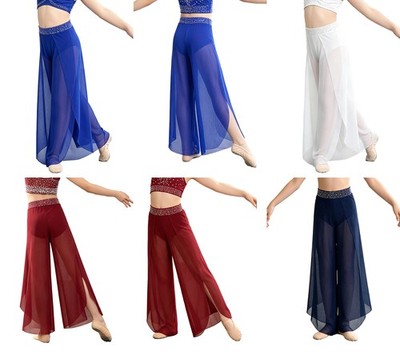 Kids Girls Trousers Elastic Mesh Pants Training Dance Flowy Rhinestone Waist