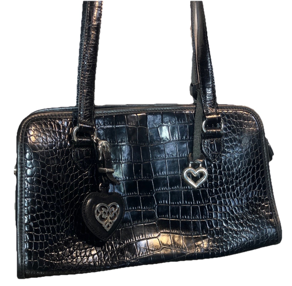 Brighton Vintage Black Leather Crocodile Print Shoulder Bag Purse