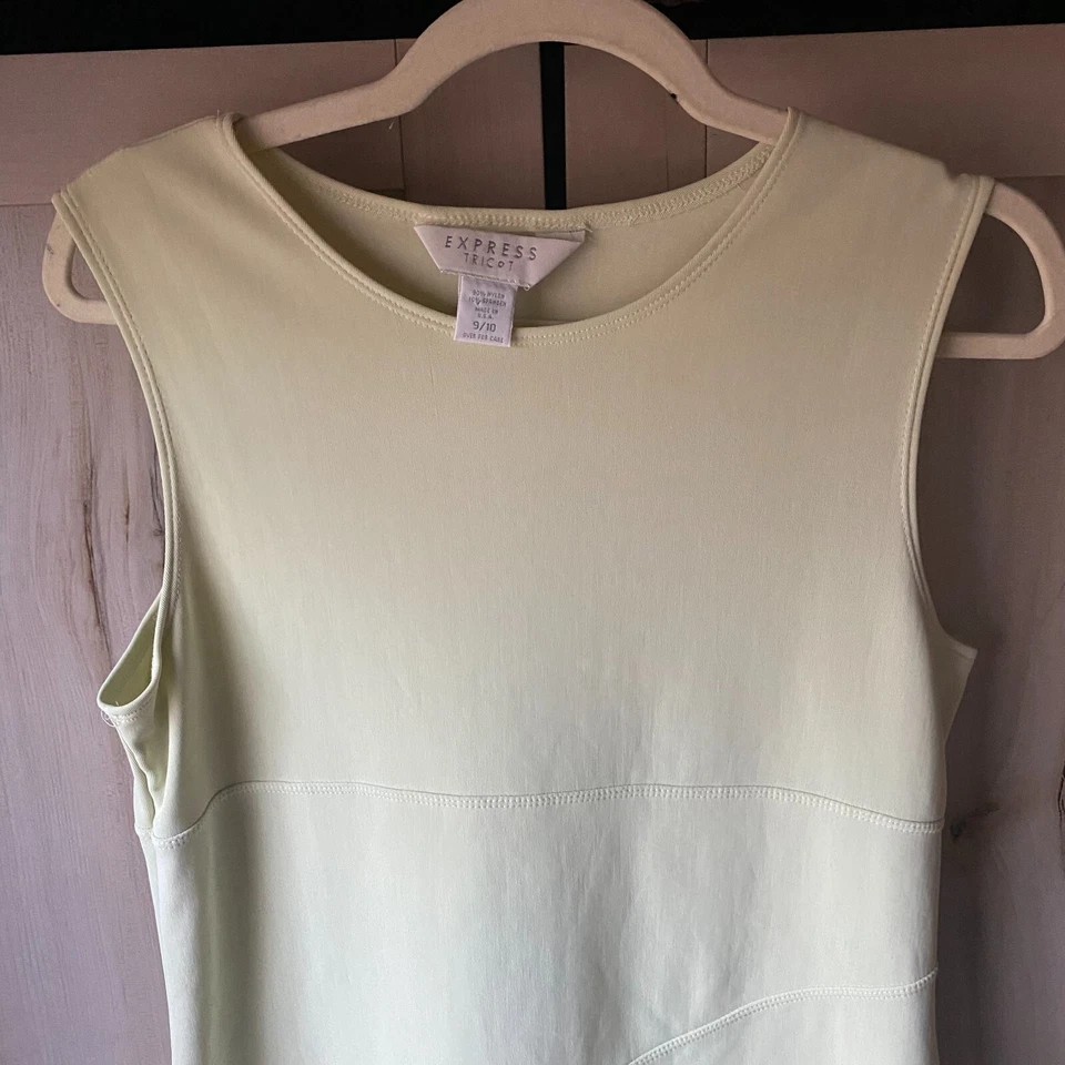 Mini Vestido Vintage Express Tricot Años 90 Y2K Amarillo Verde Sin Mangas Elástico 9/10 Foto 3 de 4