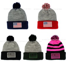 USA American Flag hat Stars-Stripes Pom Beanie Knit Cuffed Warm Winter Ski cap