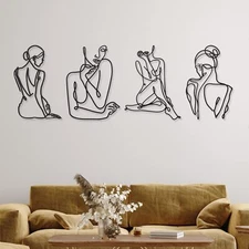 4 Pieces Metal Wall Art Decor Black Metal Wall Art Single Line Art Drawing Minim