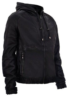 Men's Black Vintage Retro Casual Zipped 100% Leather Hooded