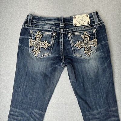 Miss Me Jeans Women's 30 Blue Signature Skinny Feathered Crosses Bikercore Bling