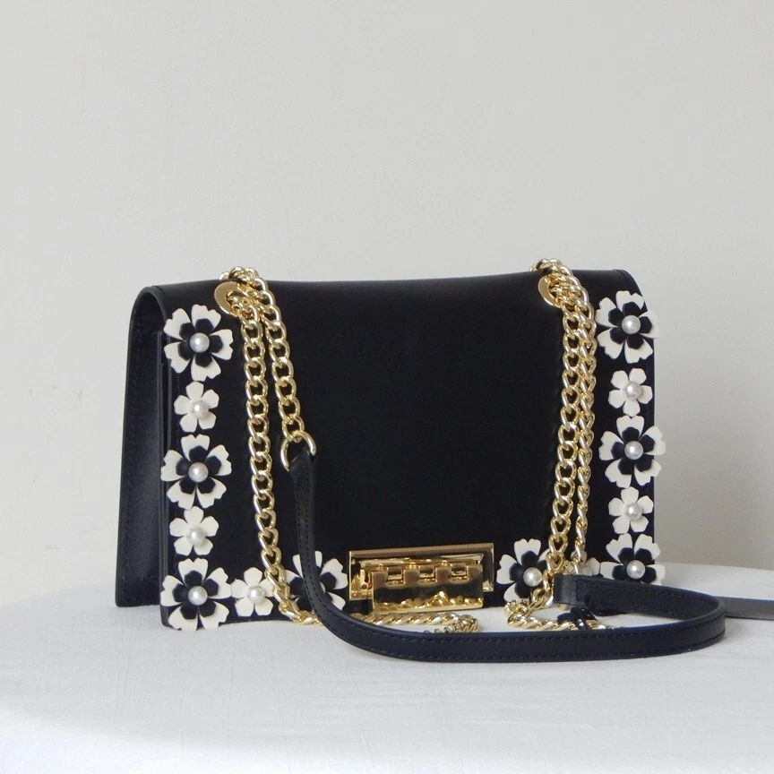 ZAC ZAC POSEN EARTHETTE 花卉花园翻盖链条单肩包黑色和白色全新带标签 — 第 2/4 张图片