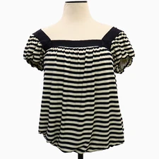 Max Studio Bubble Blouse Top Sz M Black Cream Striped Puff Sleeve Fairy Babydoll