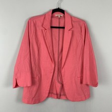 Skies Are Blue Linen Blend Blazer Pink Open Front 3/4 Sleeve Jacket Size Medium