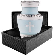 Small Blue Urn for Ashes God Cross - Religious Jesus Catholic Keepsake Mini