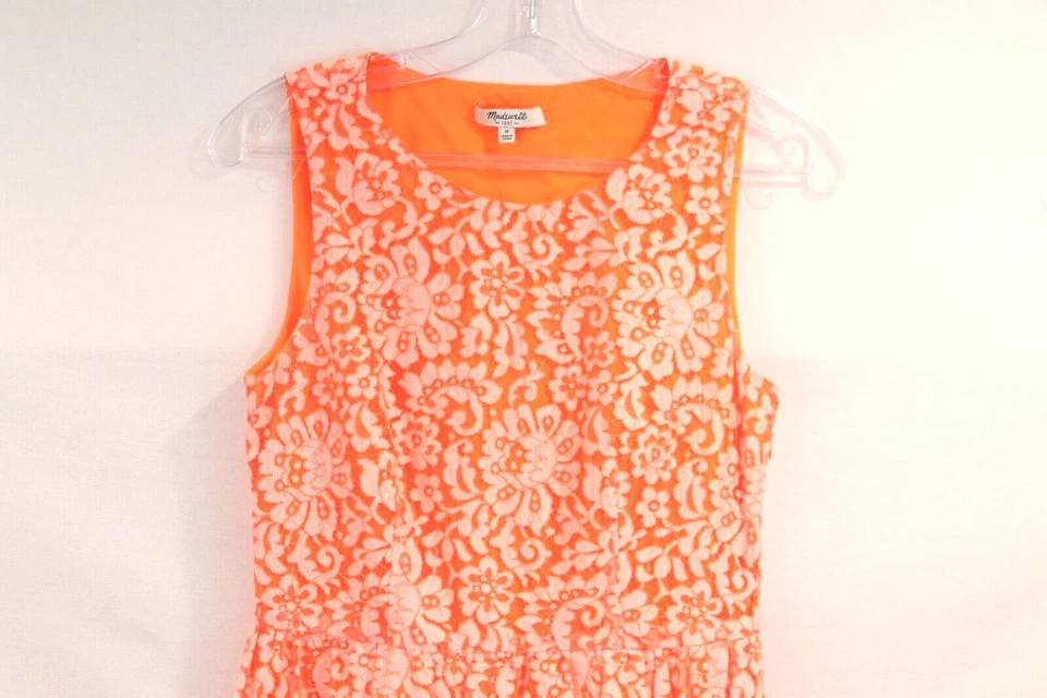 Vestido Madewell Elegante Encaje Superpuesto Mujer Talla 0 Naranja Neón Forrado Cuello Redondo Foto 2 de 4
