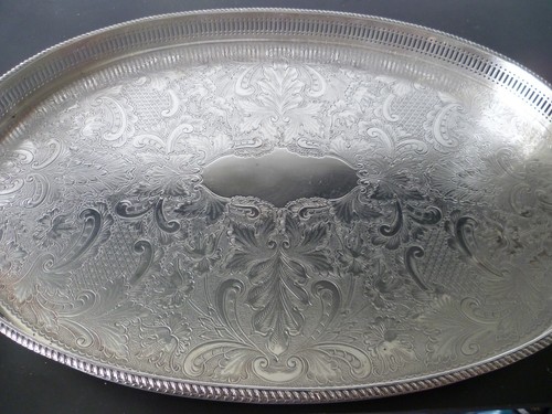 Antique, Large Oval Fretted Gallery, Silver Plated Copper Drinks Tray / Platter - Picture 8 of 19