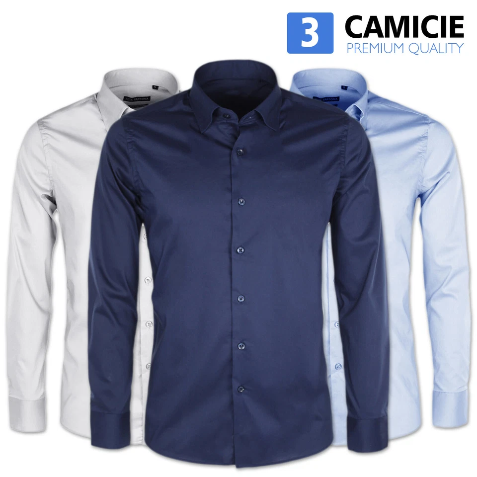 Set 3 Pezzi Camicia Uomo Sartoriale Camicie Casual Cotone Slim Classica VEQUE