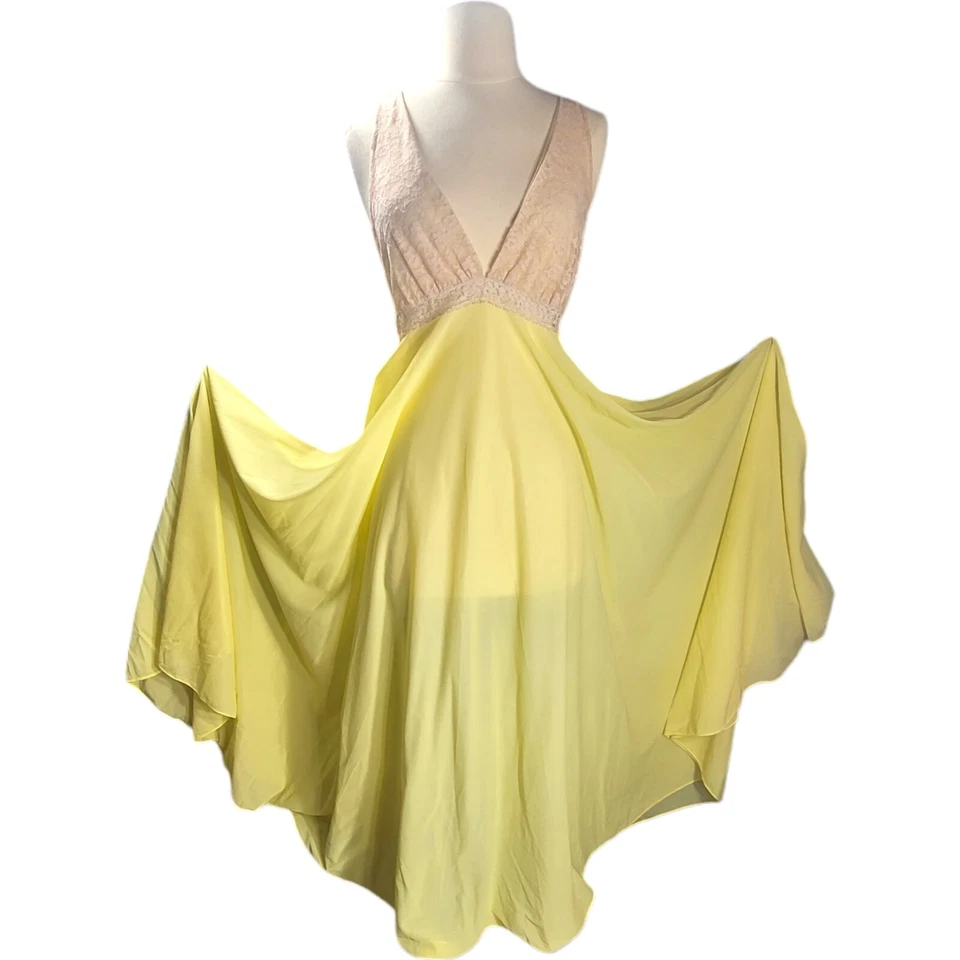 Camisola transparente vintage lingerie slip maxi vestido canário amarelo renda varredura completa anos 60 - Imagem 4 de 4