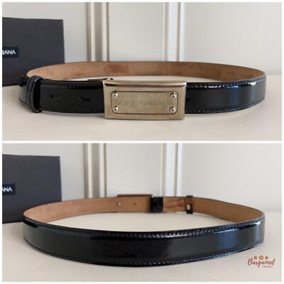 Authentic Dolce & Gabbana Black Patent Leather Belt Silver Buckle