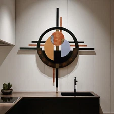 Mid-Century Circle Wall Art, Wood with Metal Circle wall Sculpture, 39x39 Art69