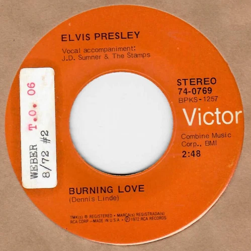 45RPM, ELVIS PRESLEY ' BURNING LOVE ' EXCELLENT '  SOL ' ROCK