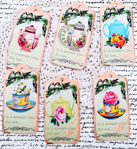 Handmade Set of 6 Vintage ALWAYS TIME FOR TEA Shabby Chic Ephemera Tags - Picture 2 of 2