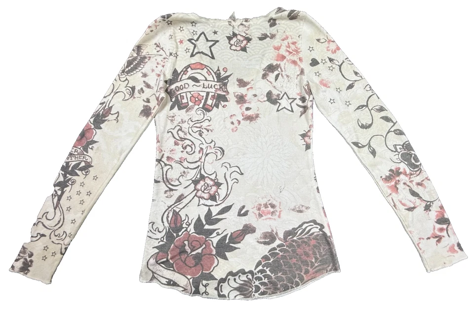 Винтажный Lucky Brand тепловой верхний женщин L Y2K дракон розы звезды татуировки графика - Изображение 2 из 4