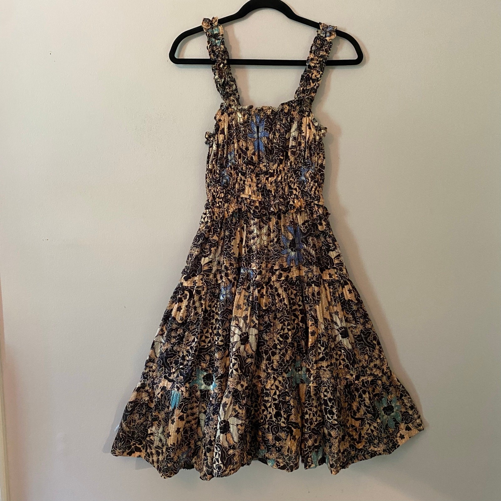 Ulla Johnson Black Pink Blue Floral Ruffle Smocked Knee Length Dress Women's 2