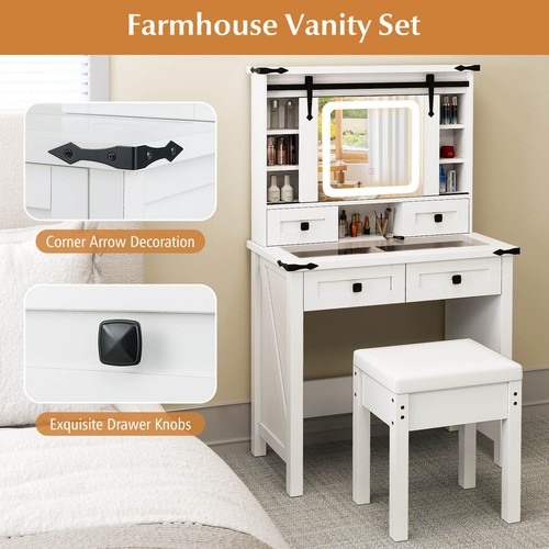 Farmhouse Vanity Desk Makeup Vanity Table w/Adjustable Brightness Sliding Mirror - Picture 9 of 10