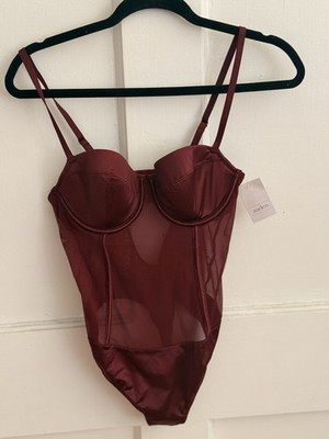 auden. Burgundy Mesh Satin Underwired Bodysuit One Piece Adjustable Straps S