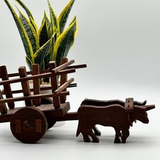 Bue e carro in legno rustico vintage arte popolare fatto a mano casale primitivo 18"