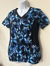 White Cross  Scrub Top Blue black floral Stretch  V-neck Women's Medium Uniform