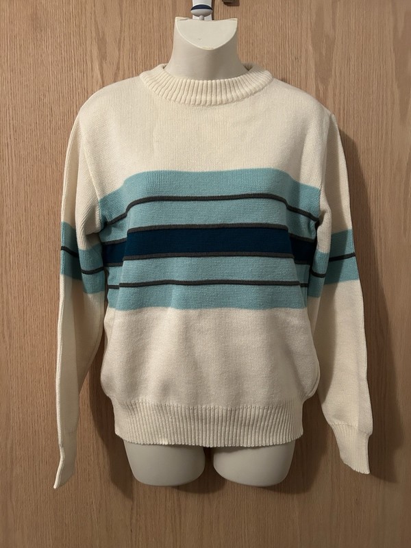 Vintage Mergers Ivory Green striped crew neck pullover sweater mens Small