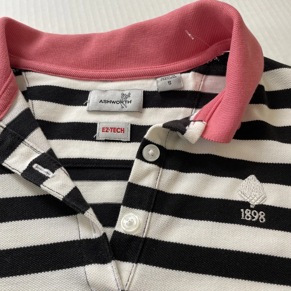 Ashworth EZ Tech Striped Black White Preppy Polo Golf Shirt W Pink Collar - Image 2 of 4