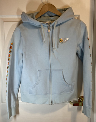 Vintage Y2K Roxy Zip Up Hoodie Womens M Baby Blue w/Flowers Surfer/Beach/Skate