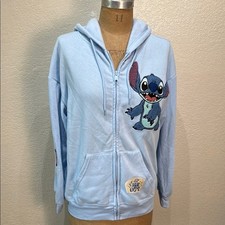 Disney Stitch Light Blue Zip-Up Patch Embroidered Medium Hoodie