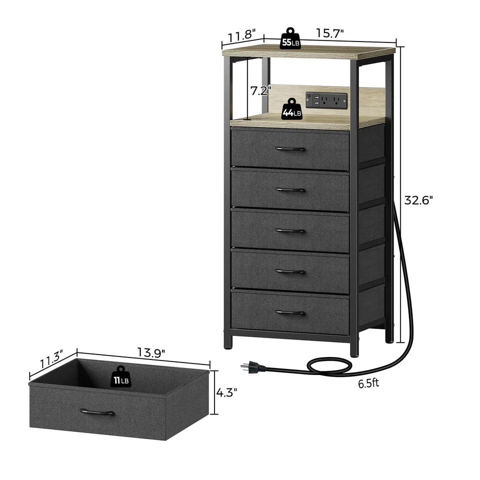 Night Stand with Charging Station, Tall Nightstand with 5 Fabric Storage Draw... - Image 3 of 4