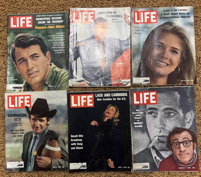 Vintage Life Magazines featuring Hudson Bacall Bergen Hopper Connery Allen 62-69