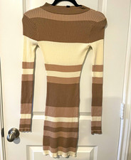 Windsor Taupe Ivory Striped Ribbed Knit Crew Neck Long Sleeve Sweater Dress S