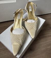 Pearl Slingback Pointed Toe Satin Beaded High Heels UK 4