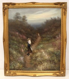 C. LAWSON Mother & Children On Path SIGNED ORIGINAL Oil Painting GILT FRAME W73