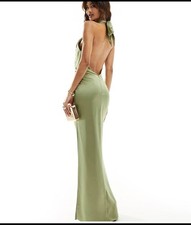 Jarlo High Neck Satin Maxi Dress In Olive Size 16