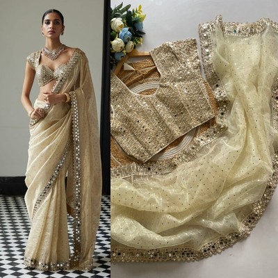 Organza Fabric Saree With Banglori Silk Blouse Casual Trendy Designer Saree Set