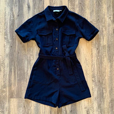 Women s Navy Solid Romper Short Sleeve Collared Button-Front Belted