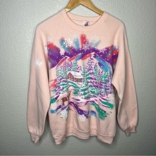 Vintage 90s Jerzees Crewneck Sweatshirt Winter Snow Cabin Deer Scene Size XL