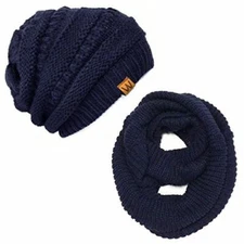 Wrapables Winter Warm Knitted Infinity Scarf and Beanie Hat Set, Navy