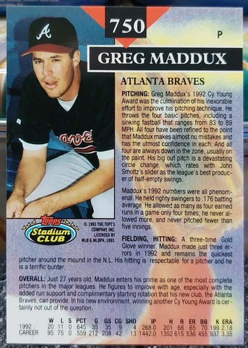 1993 Topps Stadium Club #750 Greg Maddux Members Choice Atlanta Braves - Picture 2 of 2
