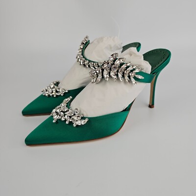MANOLO BLAHNIK Lurum $1395 Green Satin Crystal Embellished