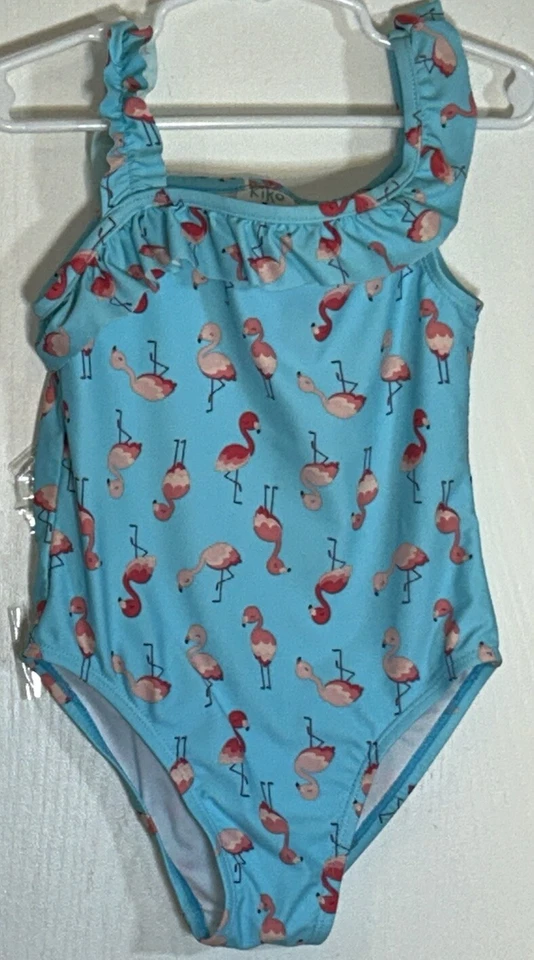 Kiko & Max Little Girl Sz 5 Swim Suit One Piece Light Blue Pink Flamingos Ruffle - Image 2 of 4