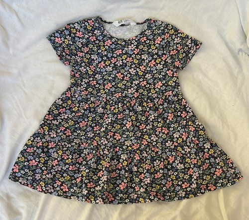 H&M Girls Size 3-4T Cotton Jersey Dress Navy Floral Print - 第 1/3 張圖片