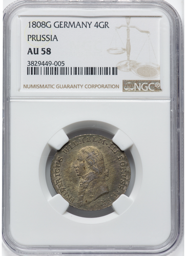 1808-G Germany Prussia 4 Groschen Silver Coin Friedrich Wilhelm III NGC AU58
